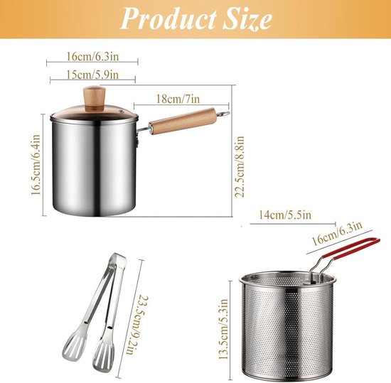 Frituurpan met zeef 3 liter - Roestvrijstalen friteuse pan met levensmiddelclip, oliefilterpot en schenktuit - Multifunctionele frituurpan voor friet, garnalen, vis en kip - Image 4