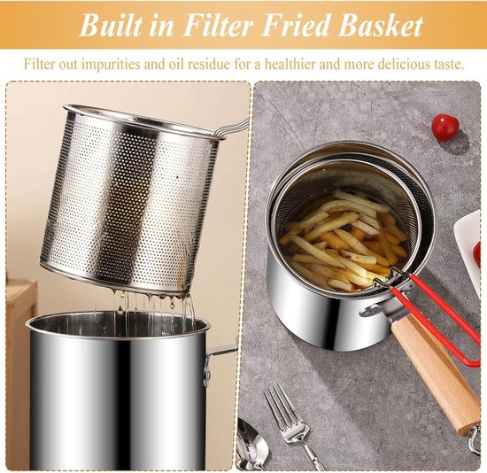 Frituurpan met zeef 3 liter - Roestvrijstalen friteuse pan met levensmiddelclip, oliefilterpot en schenktuit - Multifunctionele frituurpan voor friet, garnalen, vis en kip - Image 5