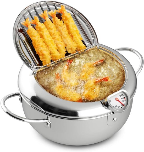 Frituurpan - Friteuse - 3.2 L, 304 roestvrij staal met temperatuurregeling en uitlekrekje – Geschikt voor het frituren van friet, gefrituurde kip, enz– stijl met deksel - Image 1