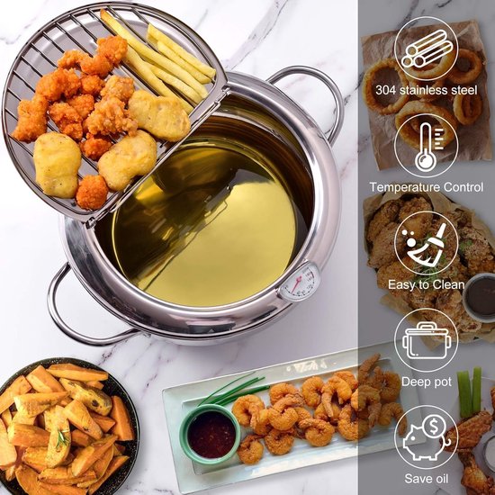 Frituurpan - Friteuse - 3.2 L, 304 roestvrij staal met temperatuurregeling en uitlekrekje – Geschikt voor het frituren van friet, gefrituurde kip, enz– stijl met deksel - Image 3