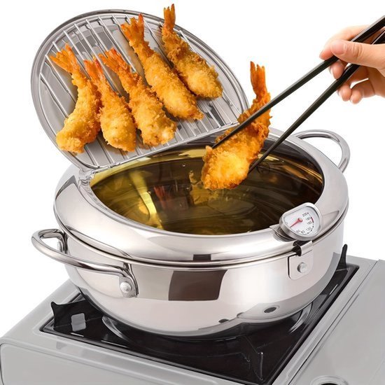 Professionele Frituurpan - Japanse RVS Tempura Frituurpan met Thermometer - Complete Set met Deksel en Oliedruiprek - Geschikt voor Friet, Kip en Garnalen - 28cm/11 inch Keukenapparatuur - Image 1