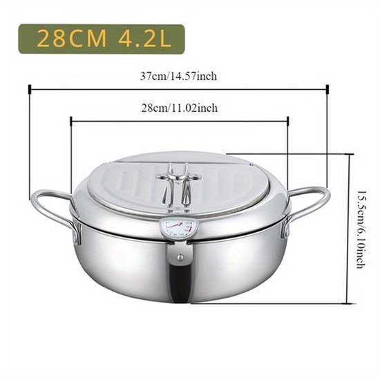 Professionele Frituurpan - Japanse RVS Tempura Frituurpan met Thermometer - Complete Set met Deksel en Oliedruiprek - Geschikt voor Friet, Kip en Garnalen - 28cm/11 inch Keukenapparatuur - Image 2