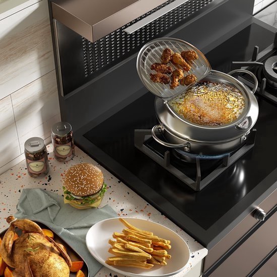 Professionele Frituurpan - Japanse RVS Tempura Frituurpan met Thermometer - Complete Set met Deksel en Oliedruiprek - Geschikt voor Friet, Kip en Garnalen - 28cm/11 inch Keukenapparatuur - Image 4