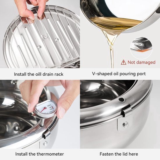 Professionele Frituurpan - Japanse RVS Tempura Frituurpan met Thermometer - Complete Set met Deksel en Oliedruiprek - Geschikt voor Friet, Kip en Garnalen - 28cm/11 inch Keukenapparatuur - Image 6