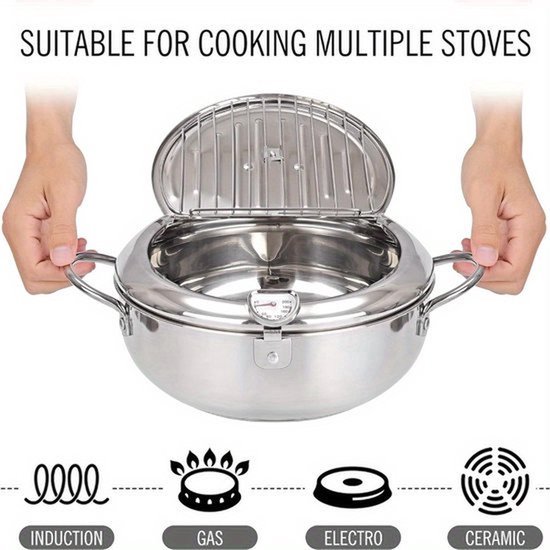 Professionele Frituurpan - Japanse RVS Tempura Frituurpan met Thermometer - Complete Set met Deksel en Oliedruiprek - Geschikt voor Friet, Kip en Garnalen - 28cm/11 inch Keukenapparatuur - Image 7