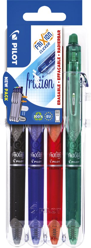 Pilot FriXion - Clicker pennenset 0.7mm - Zwart, Blauw, Groen, Rood - per 4 verpakt - Image 1
