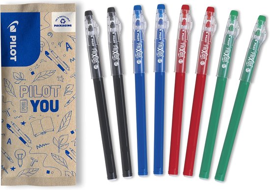 PILOT - Set van 8 FriXion Ball Stick - Uitwisbare pen - 2 zwart, 2 blauw, 2 rood, 2 groen - 0.7