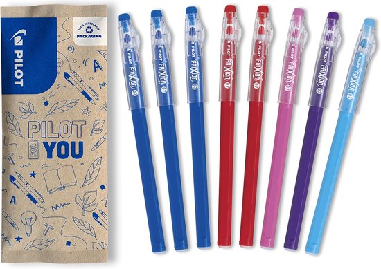 PILOT - Set van 8 FriXion Ball Stick - Uitwisbare pen - 3 blauw, 2 rood, 1 roze, 1 paars, 1 turquoise - 0.7