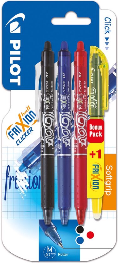 Pilot gelroller Frixion Ball Clicker, blister van 4 stuks (3 gelrollers + 1 markeerstift)