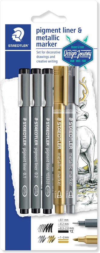 STAEDTLER Design Journey - pigment liner set 3 stuks + 2 metallic markers - Image 1