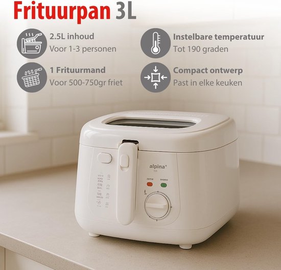 Friteuse - Frituurpan - Snacks Bereiden - Instelbare Temperatuur - 2.5 Liter - Wit - Image 6