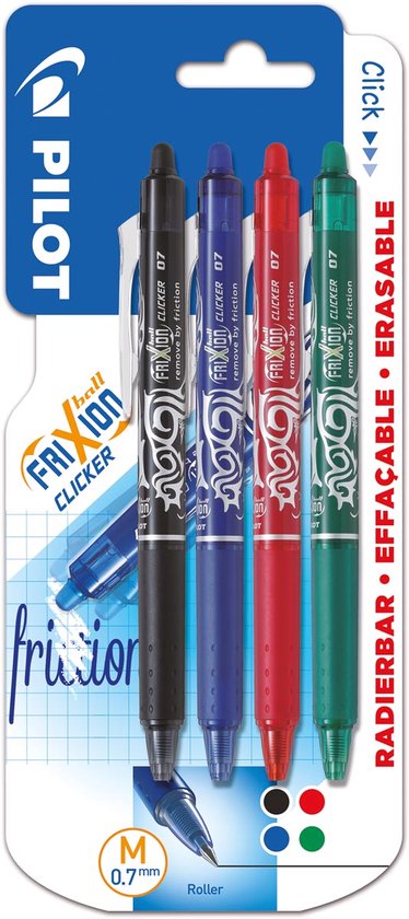Pilot intrekbare roller FriXion Ball Clicker | medium punt | 0 | 7 mm | blister met 4 stuks