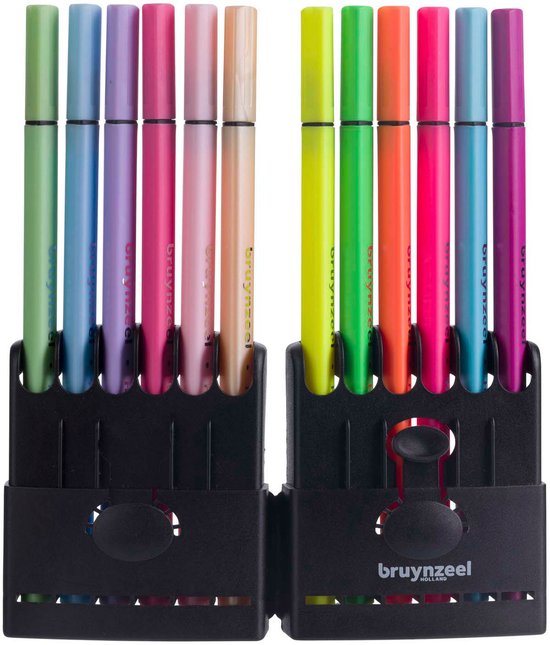 Bruynzeel Fineliner Set Neon & Pastel, 12 Kleuren - Image 1