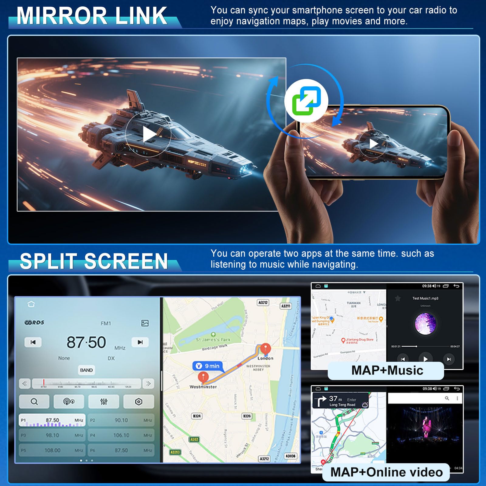 2+32G Android 13 Autoradio Multimédia avec sans Fil CarPlay Android Auto pour Freightliner Sprinter 2007-2018, 7 Pouces écran Tactile Radio Stéréo avec navi GPS Mirror Link SWC FM RDS écran partagé - Image 3