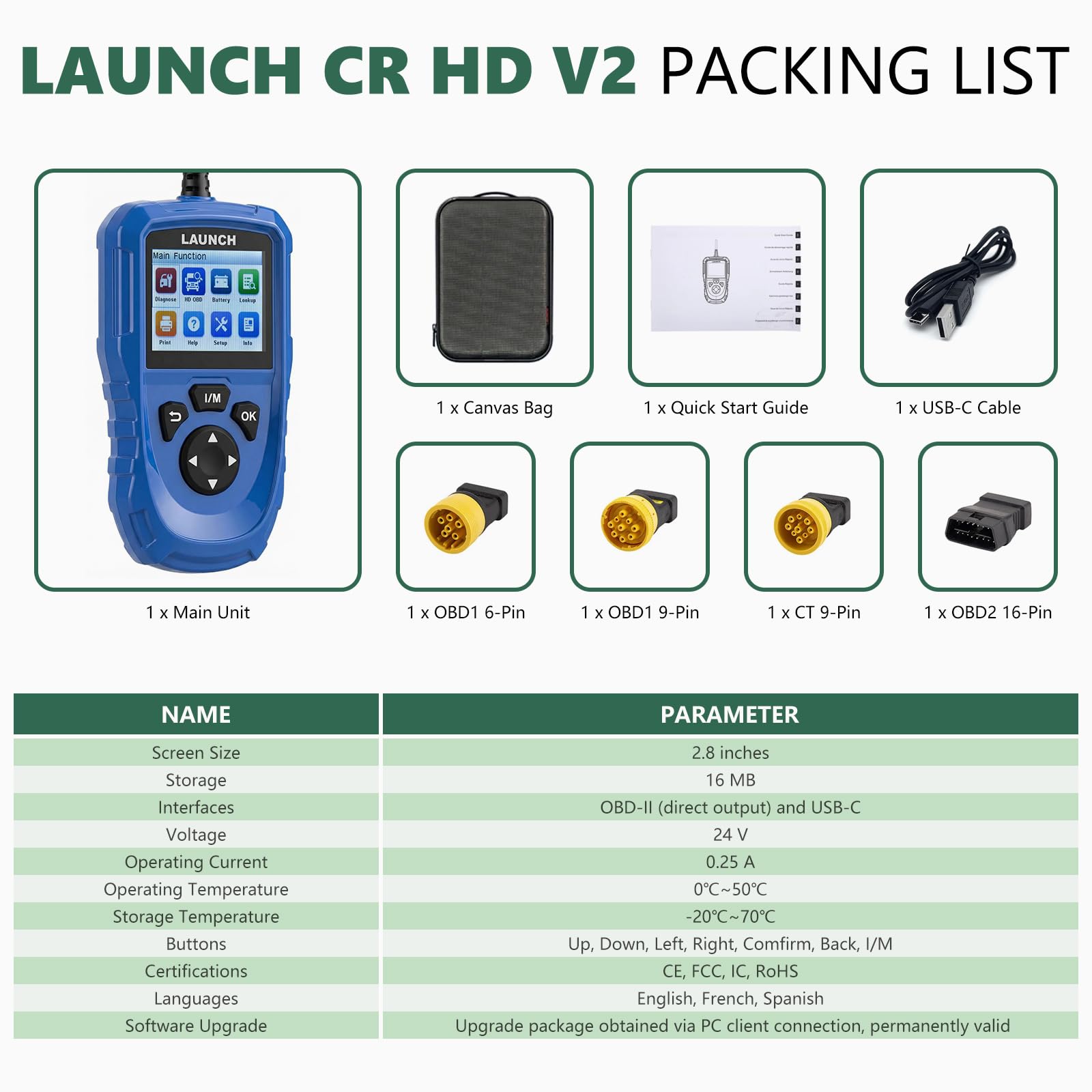 Launch Creader HD V2 Scanner Poids Lourds, Lecteur Code Défaut HDOBD OBD-II EOBD, pour Volvo Cummins Caterpillar Freightliner - Image 3
